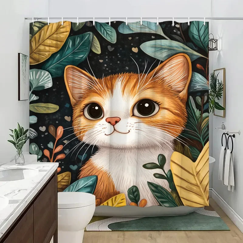 ~O~Tropical Kitten Shower Curtain - Orange & White Kitten, Large Eyes Design,Playful Jungle Leaves,Polyester,Stylish Bathroom De