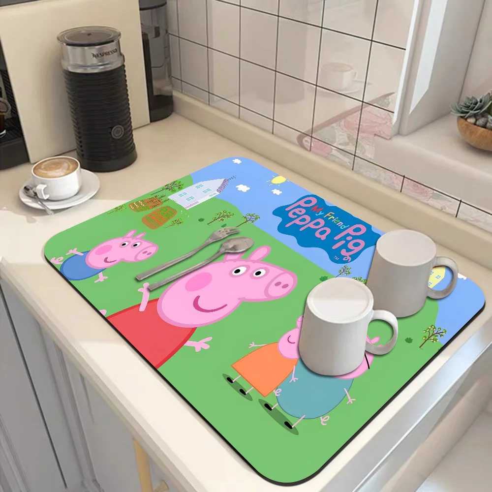 Cartoon P-Peppa-cute Pig Quick Drying Dish Mat Printed Kitchen Non-slip Coffee Cup Pad Drain Mats Dinnerware Cup Bottle Placemat