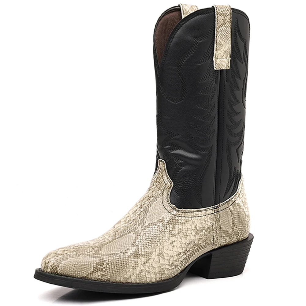Retro Men Western Cowboy Boots Imitation Of Snake Pattern Leather Boots High Quality Mid-Calf Boots Outdoor Shoes Western Boots