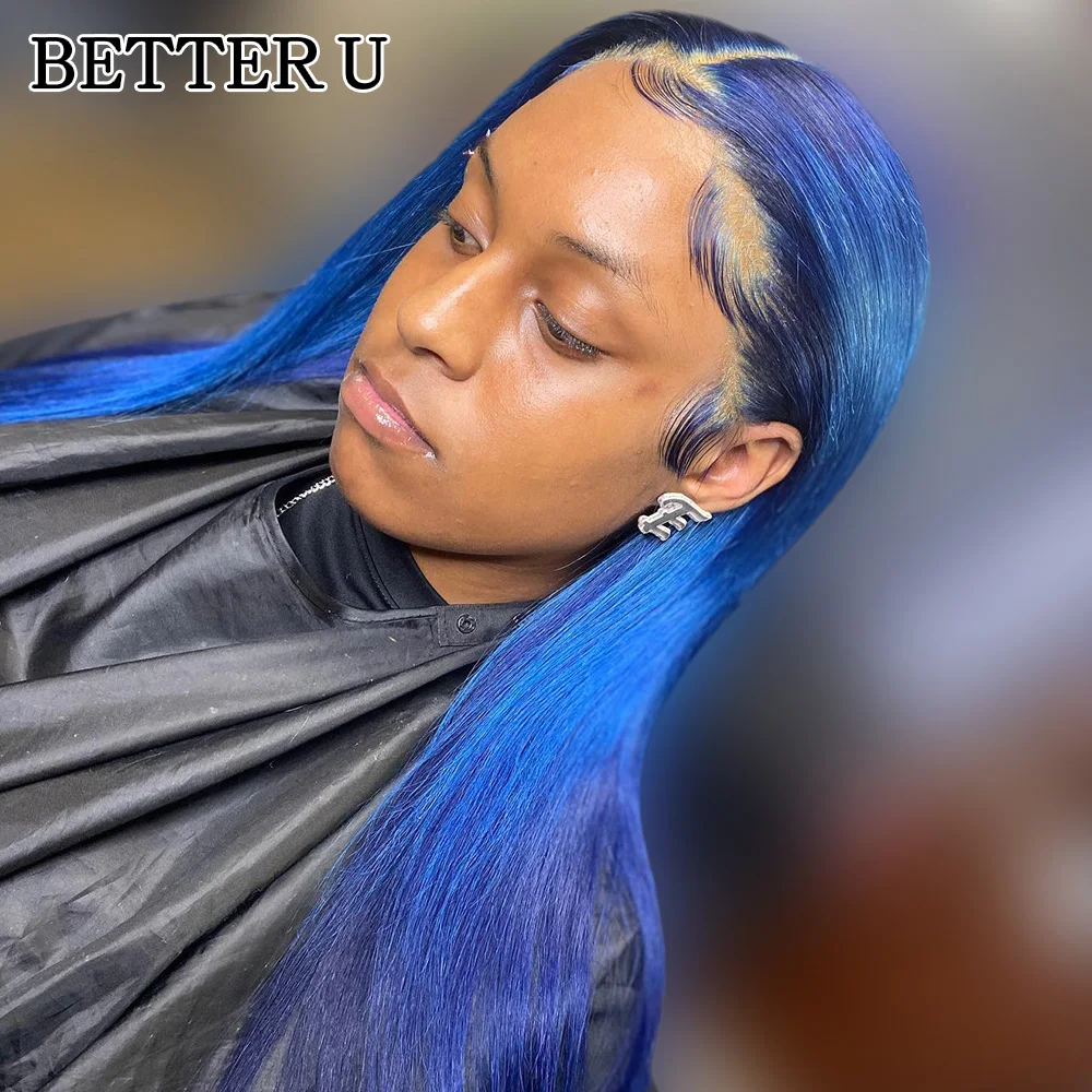الأزرق اللون 13x6 الدانتيل الجبهة خصلات الشعر المستعار الإنسان البرازيلي مستقيم الأزرق الداكن الدانتيل الباروكة الأمامية 250% الكثافة قبل قطعها الدانتيل الباروكات #3