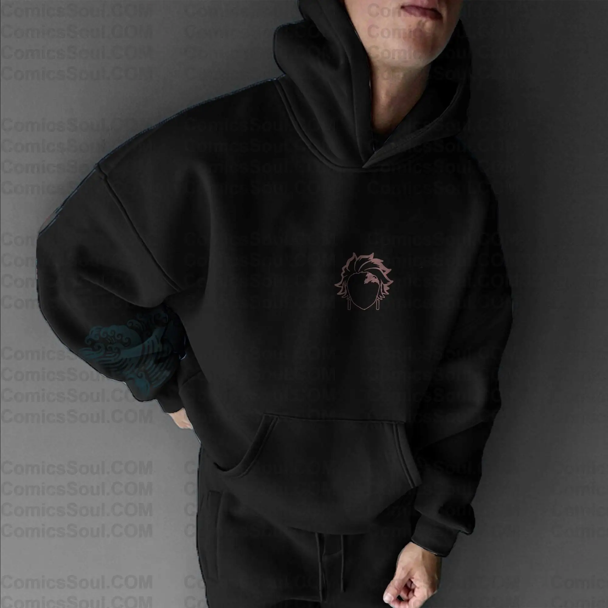 Demon Slayer Kimetsu No Yaiba Kyojuro Rengoku Black Hoodie Set Front and Back Print Cosplay Outfit with Flame Pattern Design