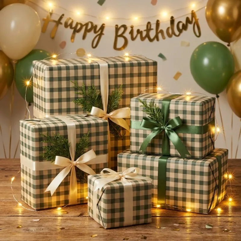 Green checkered wrapping paper, suitable for Christmas, Christmas Eve, New Year, Valentine's Day, girls' birthday gifts, DIY