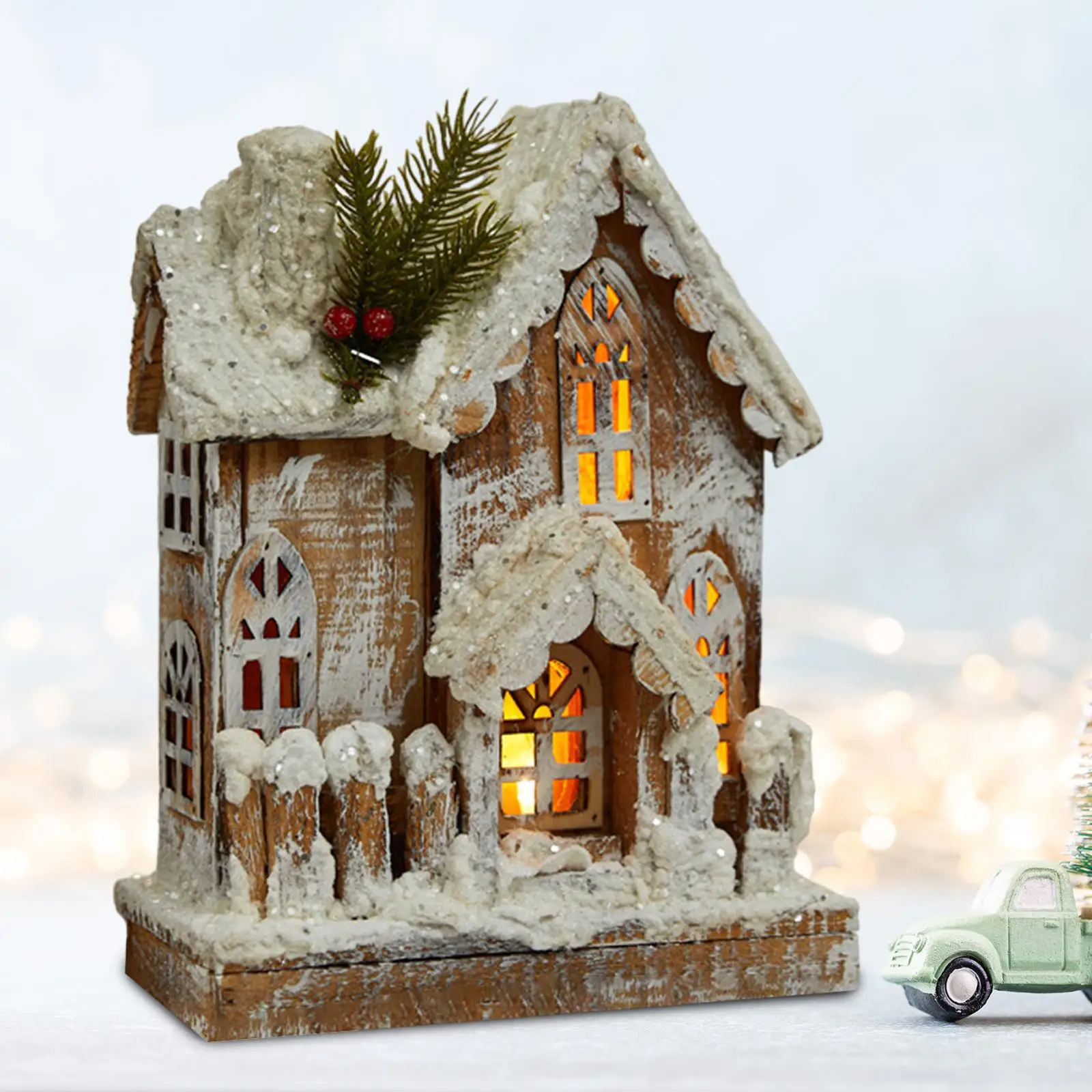 Christmas Village House Mini Glowing Log Cabin for Desktop Holiday Christmas