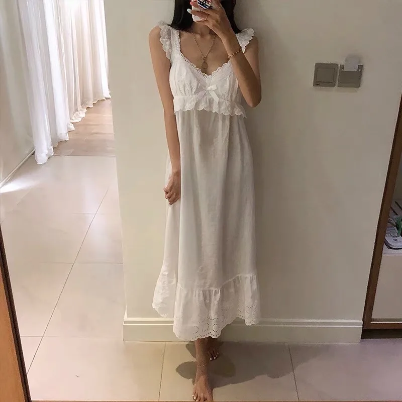 Summer Womens Princess Dress White Sleeveless Sleepshirts Vintage Lady Girls Nightgowns Nightdress Royal Style Pajamas Sleepwear