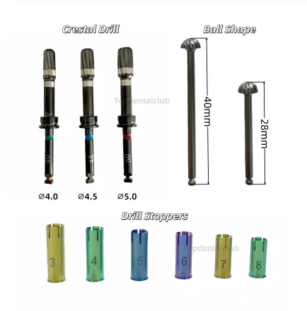 

Инструменты для синус-лифтинга при имплантации зубов: стоппер, конусный сверлильный инструмент, направляющая втулка для внутреннего подъема верхней челюсти