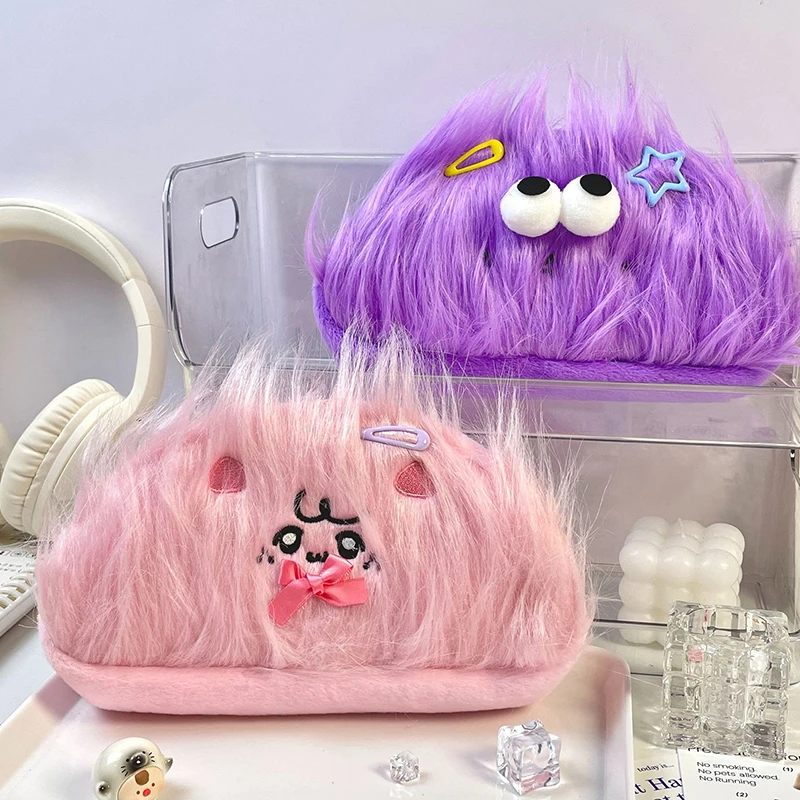 Funny DIY Fluffy Hair Doll Pen Bag Zipper Large Capacity Cartoon Soft Plush Pencil Box Multi-Function Student Stationery Storage