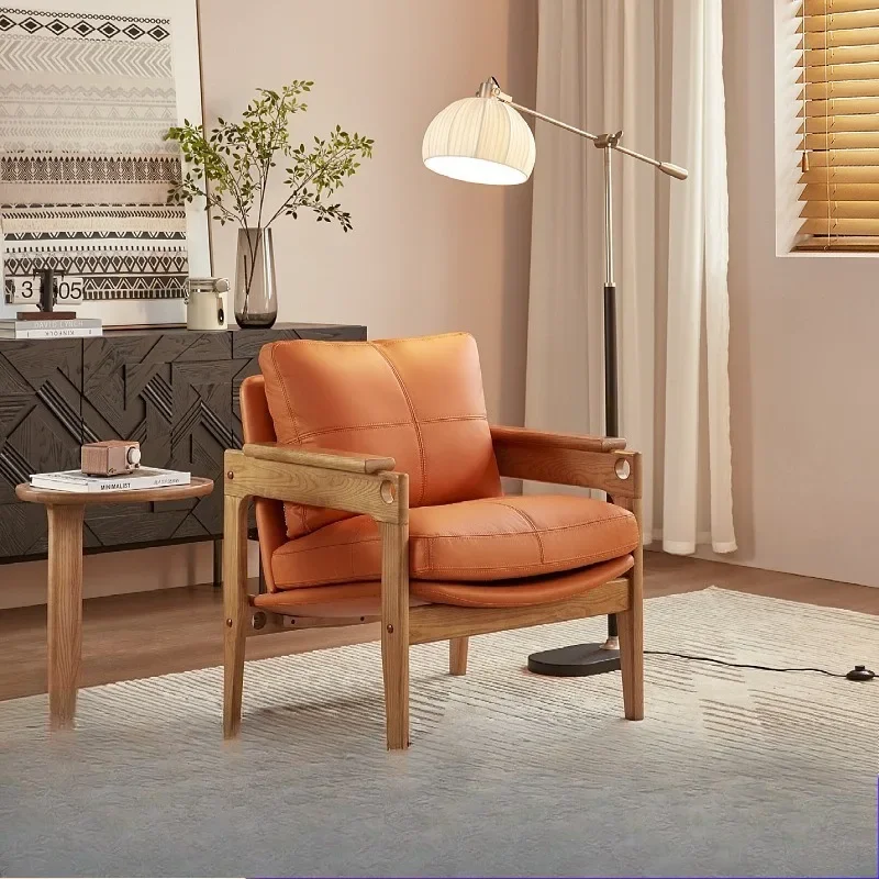 Solid wood leisure chair, household living room backrest armrest leather lazy recliner, lazy chair sofa chair small apartment