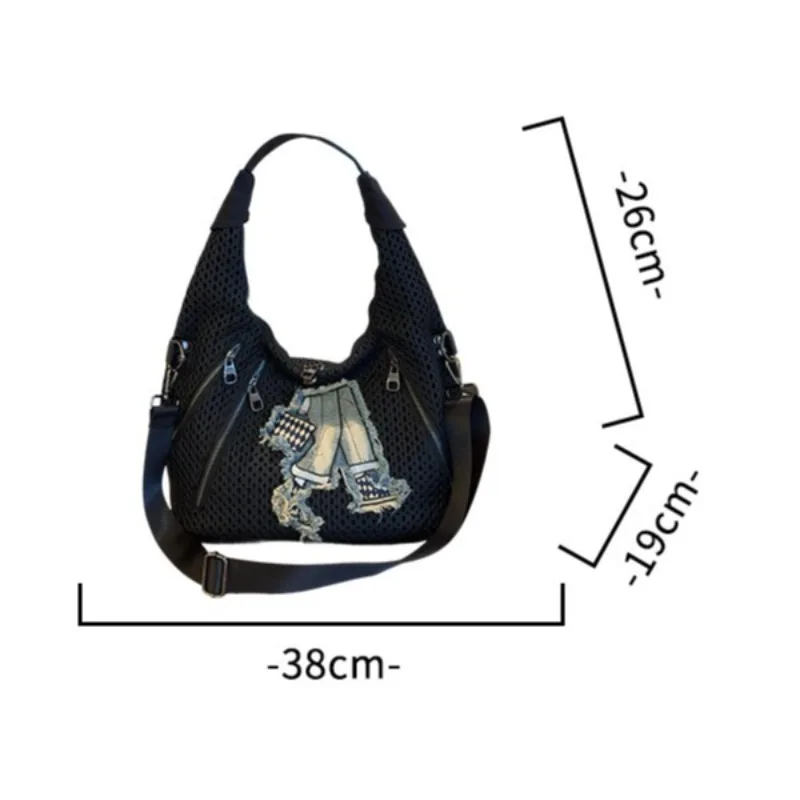 Women Fashion Shoulder Bag Mesh Patchwork Handbag Crossbody Bag Large Capacity Retro Commuter Trendy Bag