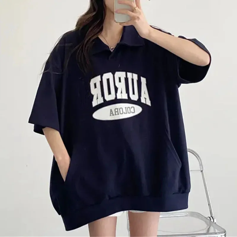 Summer Women Short Sleeve Sweatshirts Harajuku Streetwear Fashion Letter Printed Female Turn-down Collar Hoodies Loose Pullovers