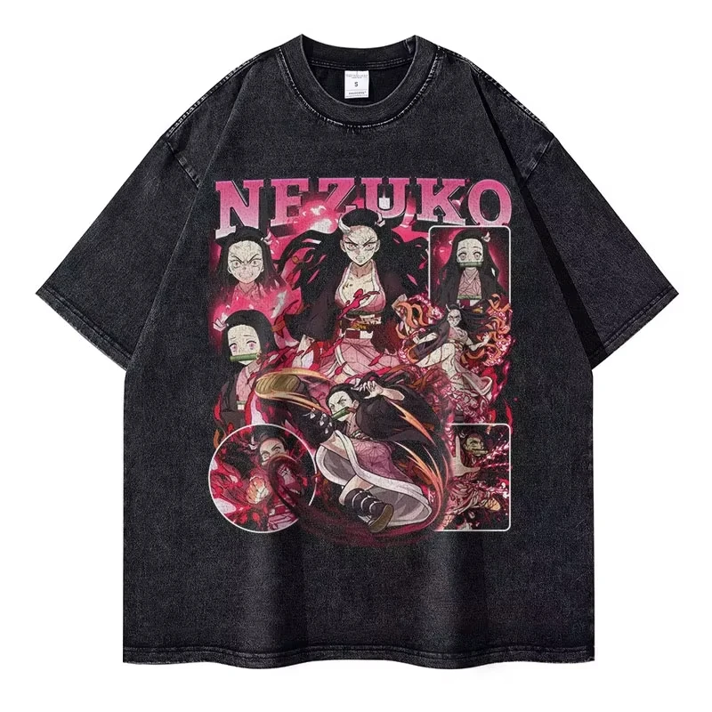 

Футболки Nezuko 2025, винтажные мытые футболки с аниме Kimetsu No Yaiba, футболка с короткими рукавами Demon Slayer Mitsuri Tokitou, футболки для мужчин