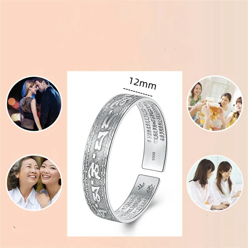 Carved Sanskrit Proverbs Bangles Men Jewelry Retro Buddhist Heart Sutra Silver Plated Bangle Women Six-Character Mantra Bracelet