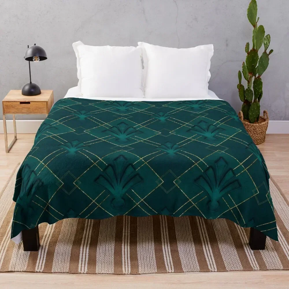 

Emerald Green And Gold Art Deco Pattern Throw Blanket Lightweight Warm Blanket for Indoor Outdoor Use