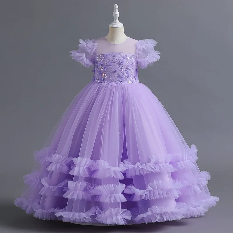 Vestido longo de tule com flores para meninas, vestido de festa tutu elegante, roupas de casamento infantil, 5-14 anos