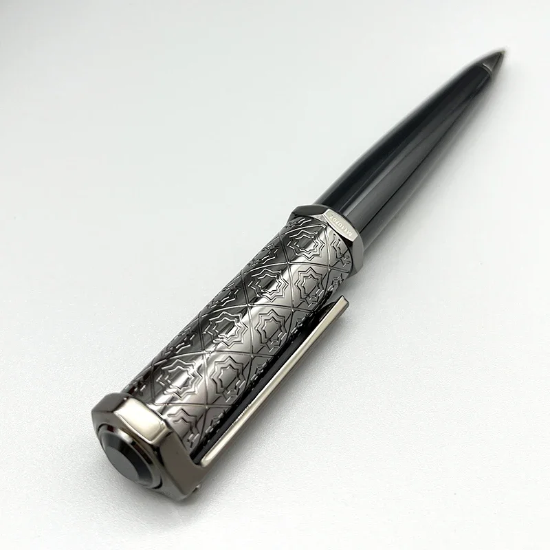 CT Ballpoint Pen Santos-Dumont de Heptagon Black Barrel Snow Flower Pattern Luxury Silver Trim With Serial Number