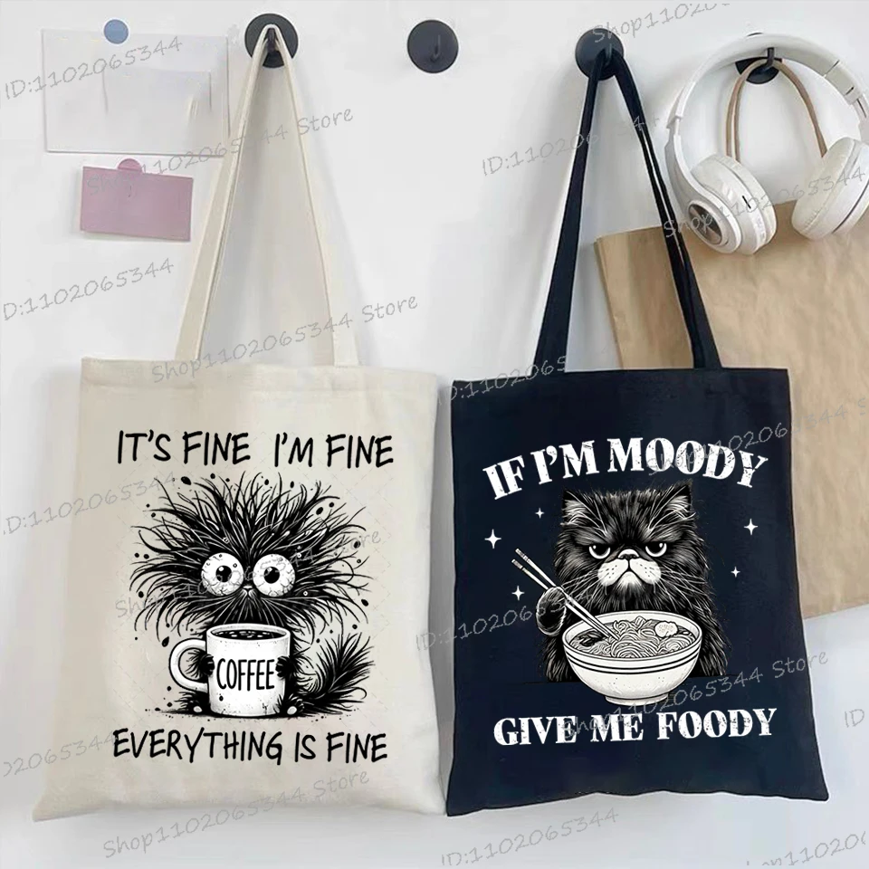 If I'm Moody Give Me Foody Funny Cat Tote Bags Anime Coffee Kitten Student Portable Shoulder Bag Cartoon Humorous Women Handbags