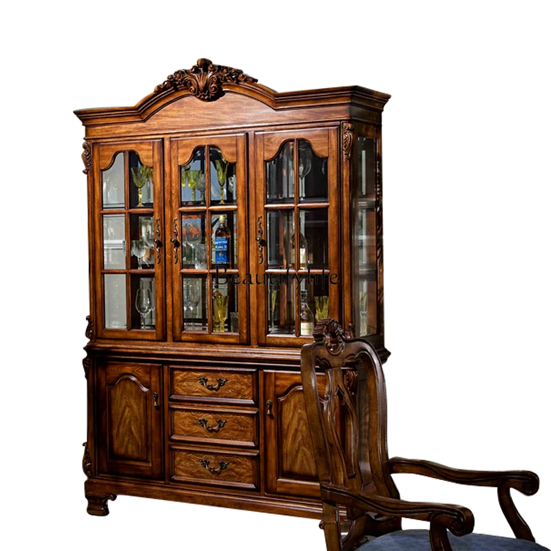 American rural solid wood glass door wine cabinet European simple living room jewelry cabinet