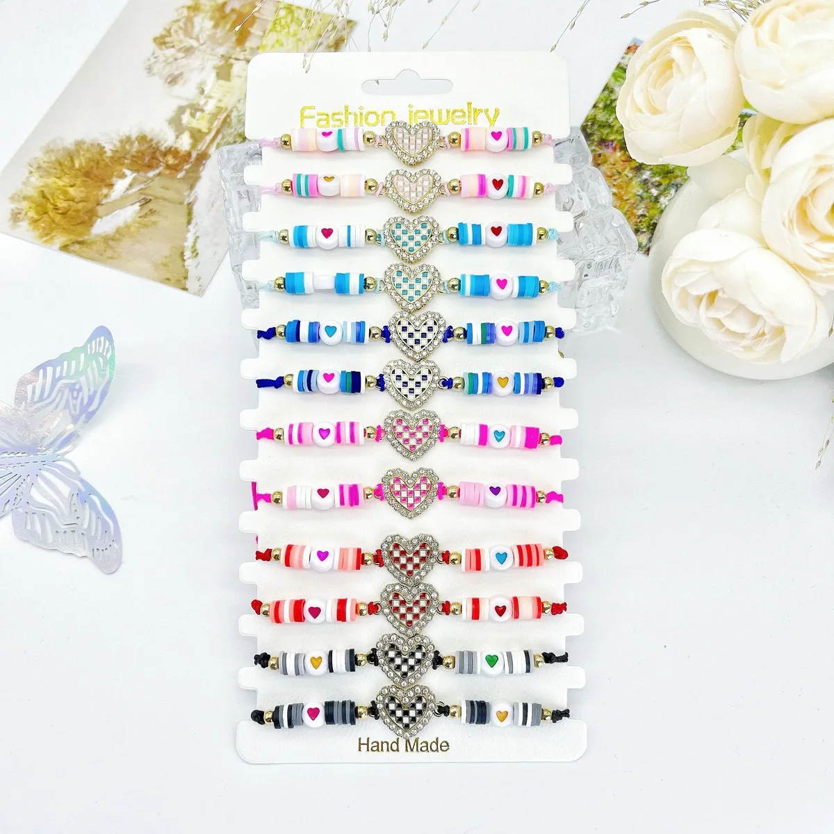 A 12-piece set of multi-color heart checkerboard soft ceramic plate bracelet, a fashionable ladies' party adjustable bracelet