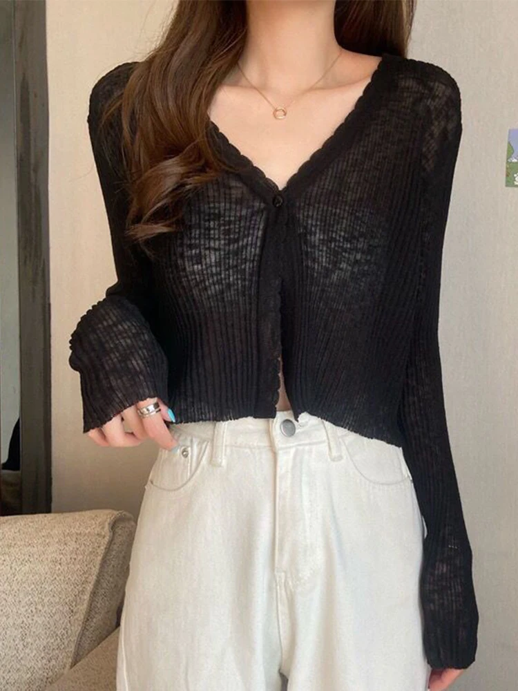 Thin Knitted Cardigans Women Summer V-Neck Long Sleeve Soft Transparent Sunscreen Outwear Female Korean Style Casual Crop Tops