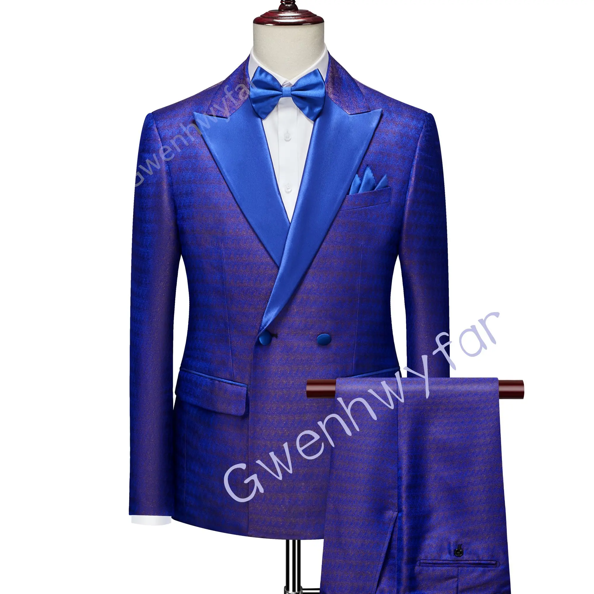 Gwenhwyfar Groom Wedding Two Pieces Royal Blue Pattern High-grade Fabric Double-Breasted Suit Party Business Tuxedo Suit Jacket