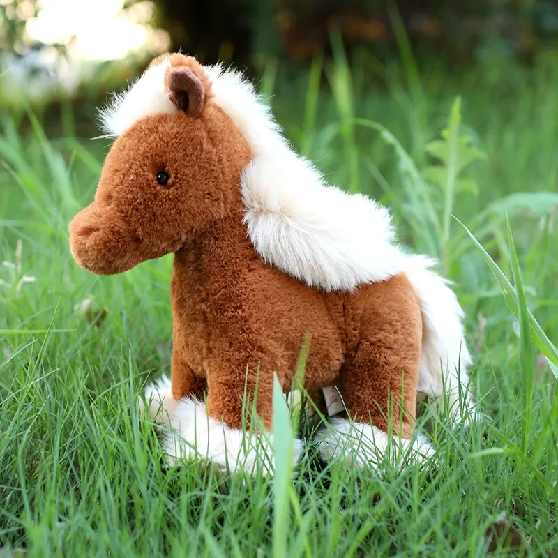 Simulação Boneca de pelúcia cavalo bonito para crianças marrom e branco, animal de cabelos compridos, decoração para casa, presente de aniversário para meninos