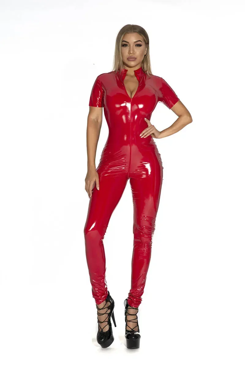 Catsuit de couro falso feminino, bodysuit látex PVC, macacões de vrilha aberta, Bodystocking elástico, trajes eróticos, zíper frontal, sexy, quente