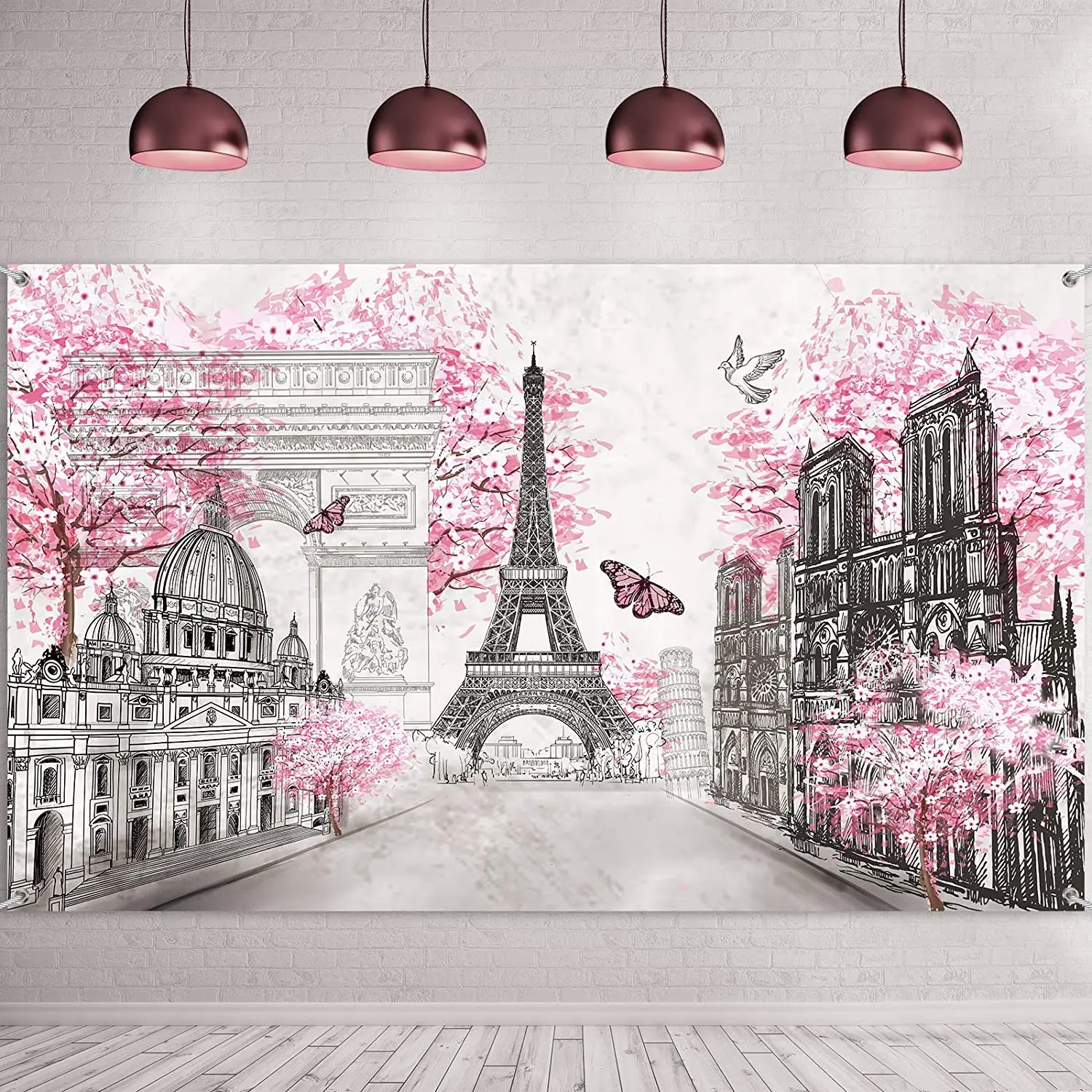 

Paris Eiffel Tower Photo Banner Pink Backdrop European City Landscape for Living Room Girl Bedroom Party Decoration Background