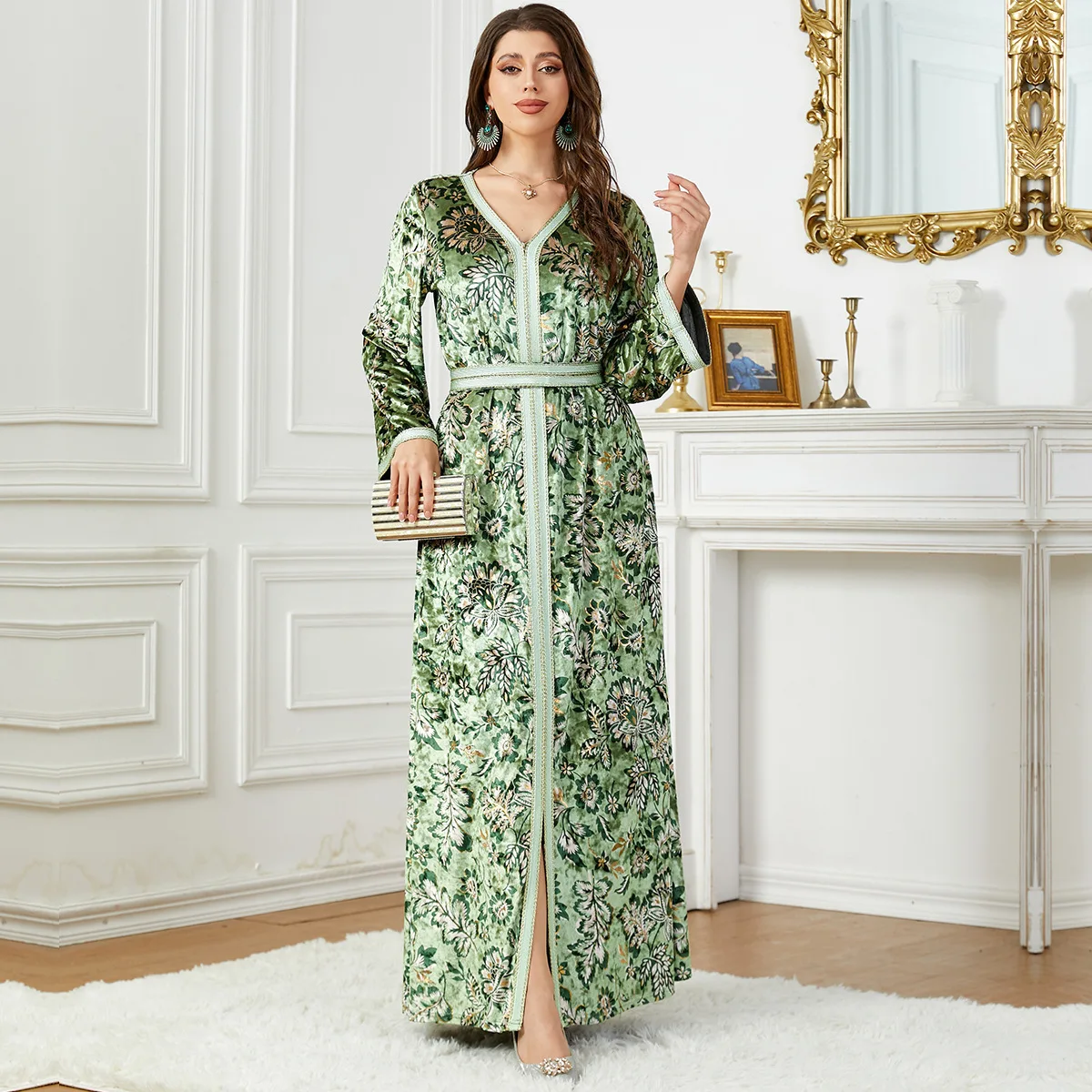 3762 Arab New Printed Velvet Dress Dubai Evening Dress Muslim Robe