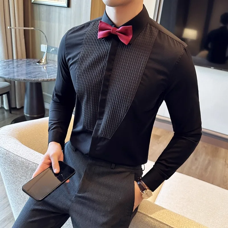 New Mens Trendy Slim Fit Long Sleeve Tuxedo Shirt for Wedding Banquet Prom Groom Pleated Plus Size