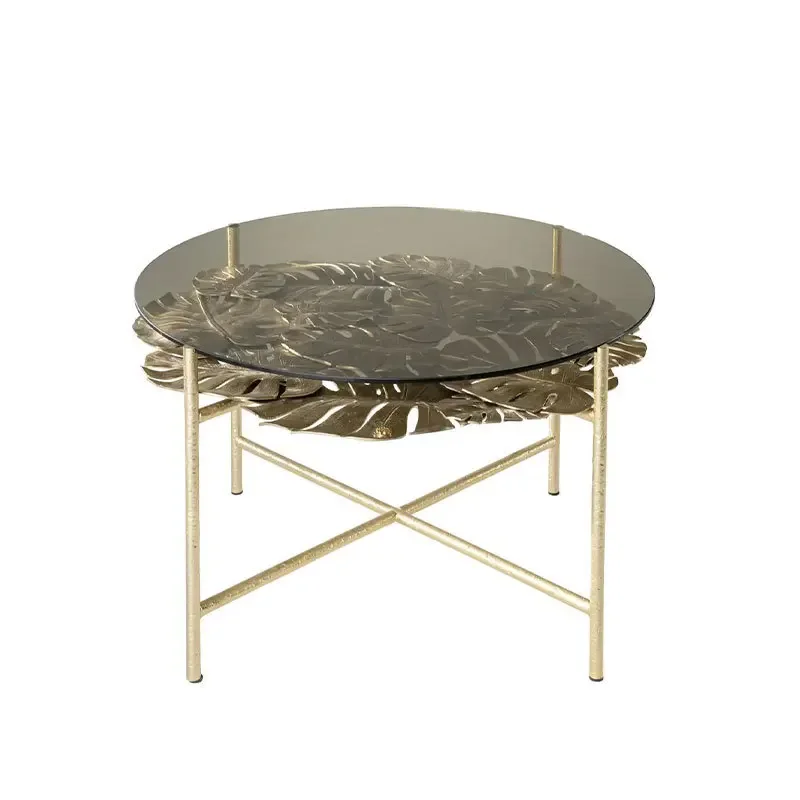 Italian minimalist, brass metal living room sofa side table light luxury round tempered glass coffee table