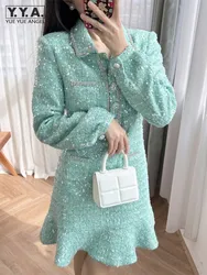 Spring New Women Long Sleeve Shiny Sequined Tweed Dress Slim Fit Elegant Ladies Party Diamonds Buttons Ruffles MIni Wrap Dress