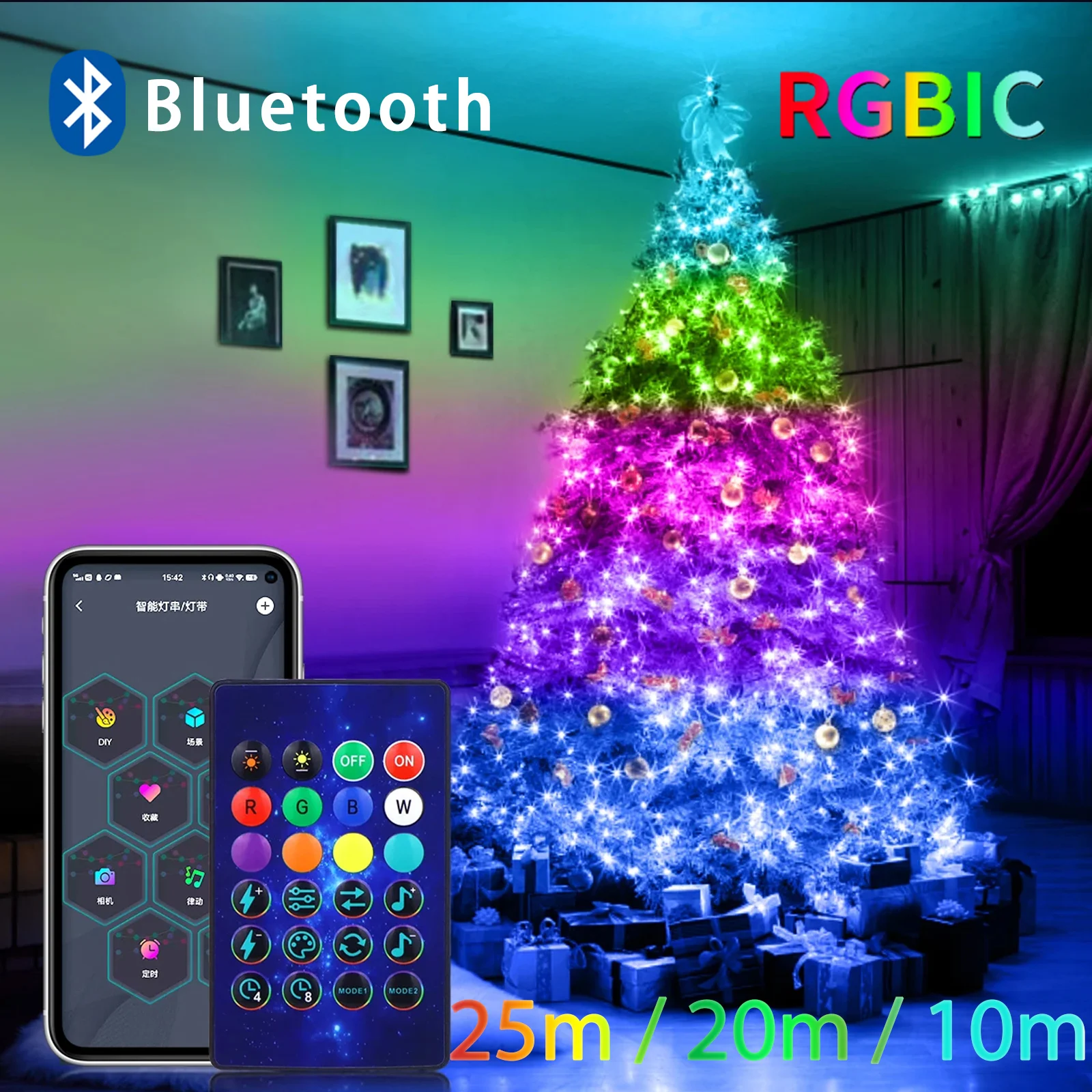 25M 20M 10M RGBIC LED Sting Light USB 5V Bluetooth Music APP RGBIC Addressable Fairy Lights Party Garland Christmas Decoration