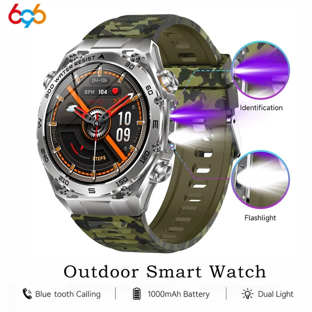

Outdoor Sports Clock Blue Tooth Call UV Lamp Flashlight IP68 Waterproof Smart Watch Heart Rate Health Weather Smartwatch 1000MAH