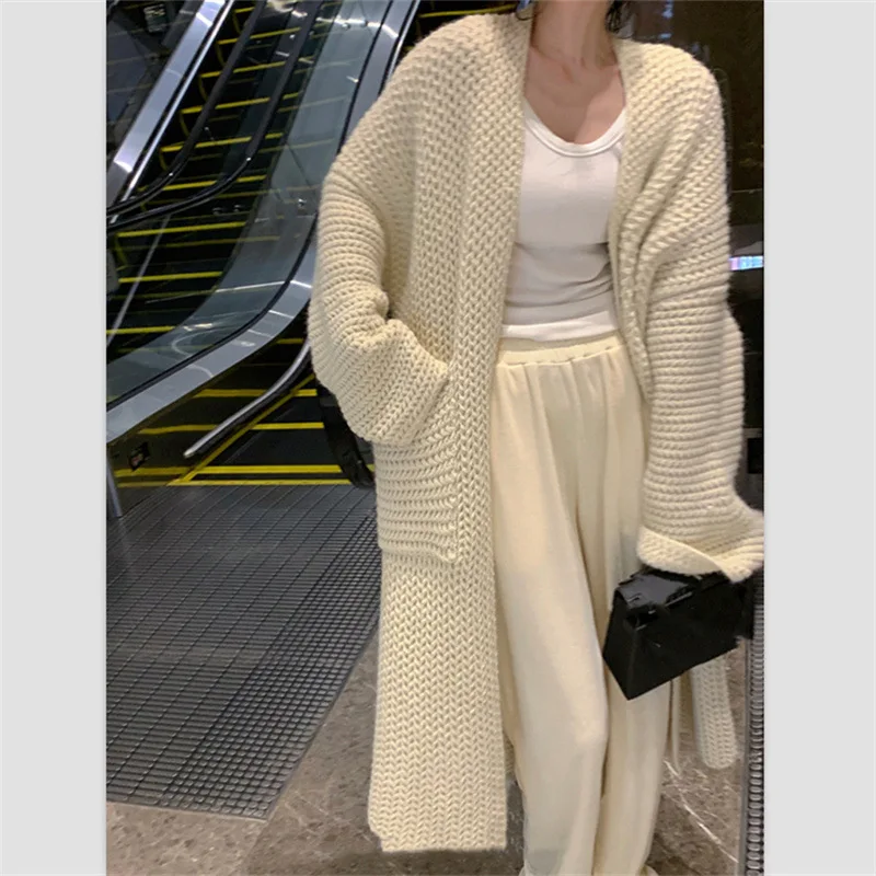 2026 New Thick Knit Women Cardigan Long Sleeve Dual Pockets Loose Lazy Style Mid Length Casual Knit Outerwear Sweater Cardigan