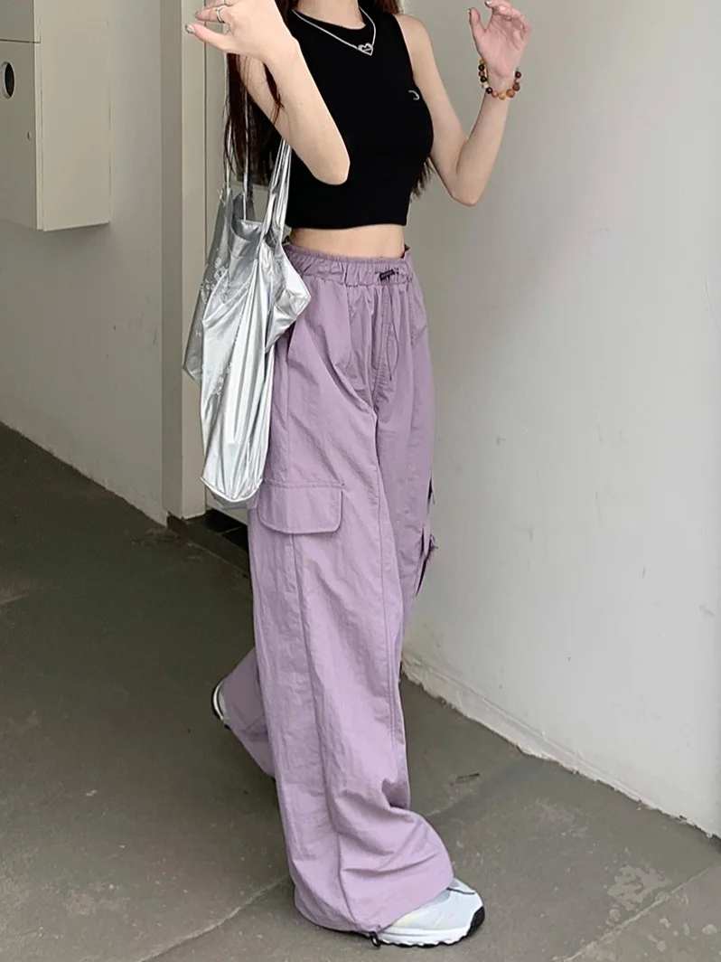 

American Casual Work Pants Women High Waist Loose Wide Leg Dstring Trousers Sport Straight Leggings Slimming Effect
