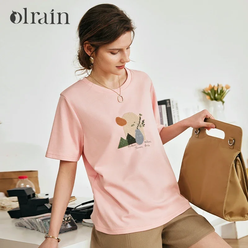 OLrain Summer  Graphic T-shirt Women Casual Comfortable Tees 2026 Crew Neck Loose Fit Printing Short Sleeve Tops O23XT80695