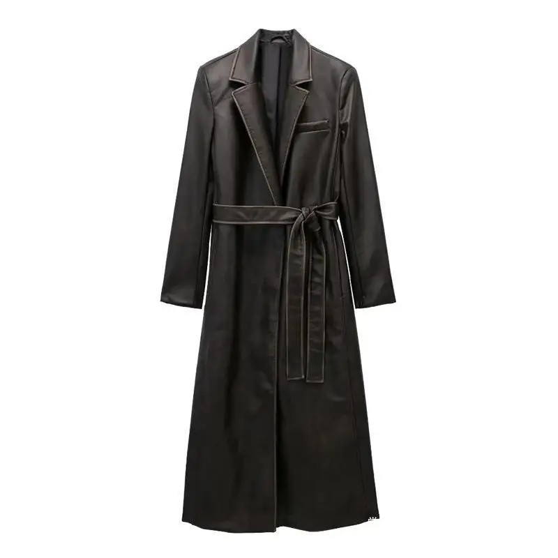 Winter Leather Women Suit Long Blazer With Belt Clothes Female Overcoat Business Work Wear Jacket Casual Hot Girl Coat