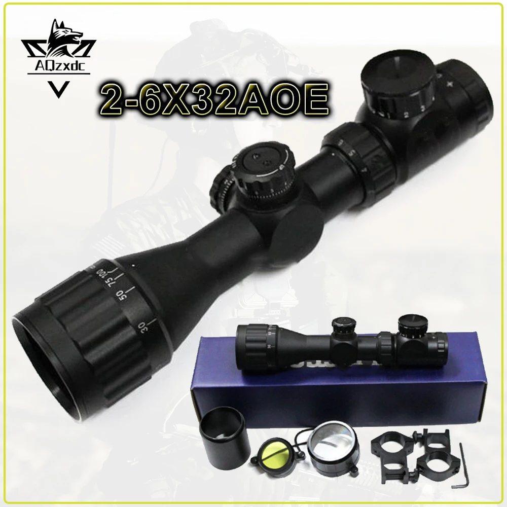 Tactical 2-6X32AOE Scope Red Green Illumination Optics rifle Sight with Objective Lens Extension Cover for Airsoft CS Shooting