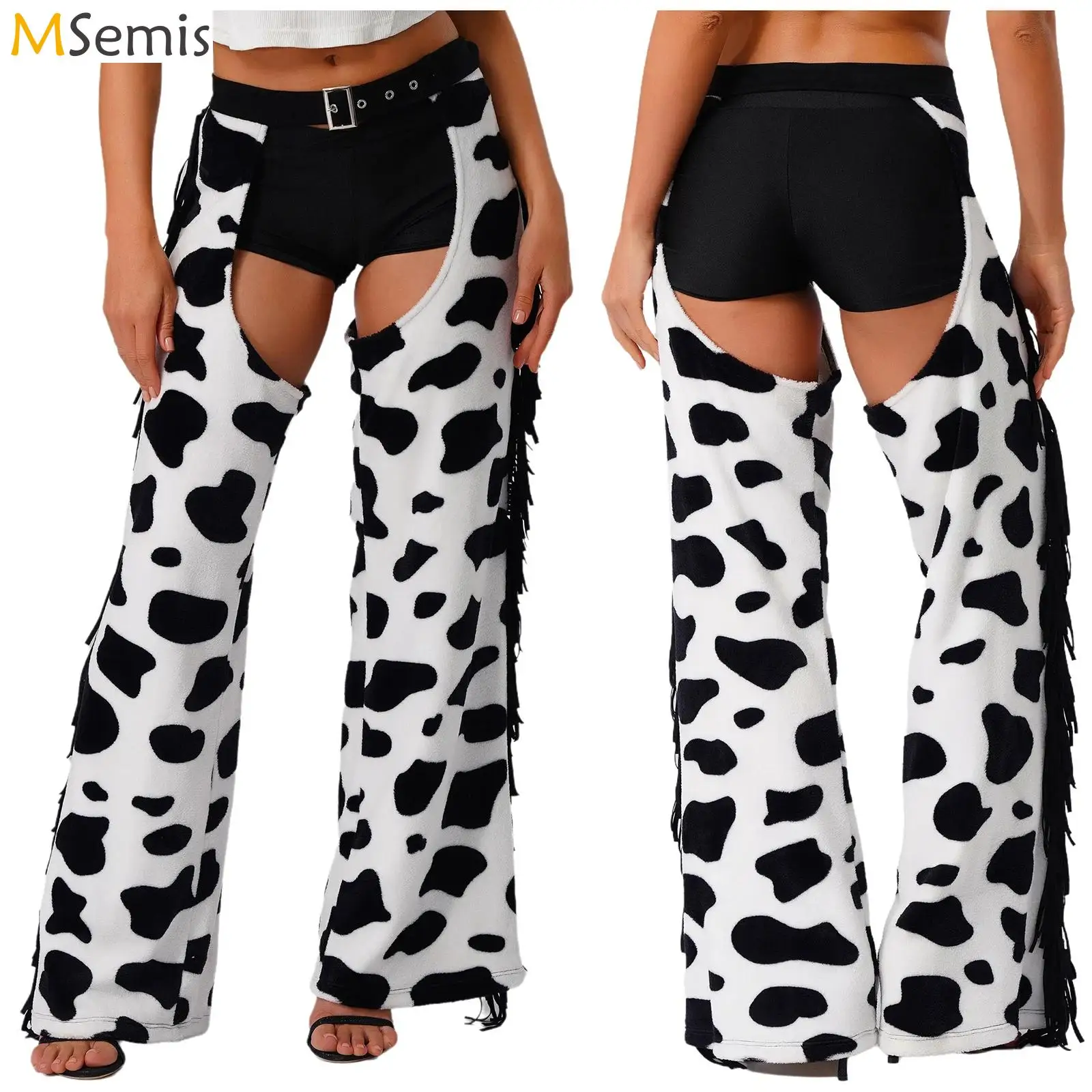 

Женские фланелевые длинные брюки с коровьими пятнами и боковой кисточкой на талии с открытой промежностью для езды на велосипеде, костюм для косплея на Хэллоуин