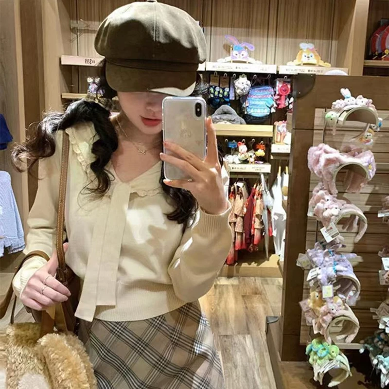 Suéter de punto ajustado largo Sve para mujer, cuello azul marino, pajarita, Top coreano Sle Floral College Sle, Otoño Invierno