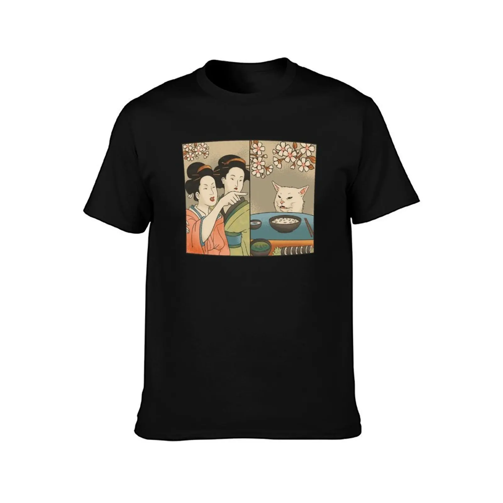 Japanese woman yells at cat meme T-Shirt, Summer Casual Cotton Tee, Oversized Streetwear Tops, Vintage Graphic Print
