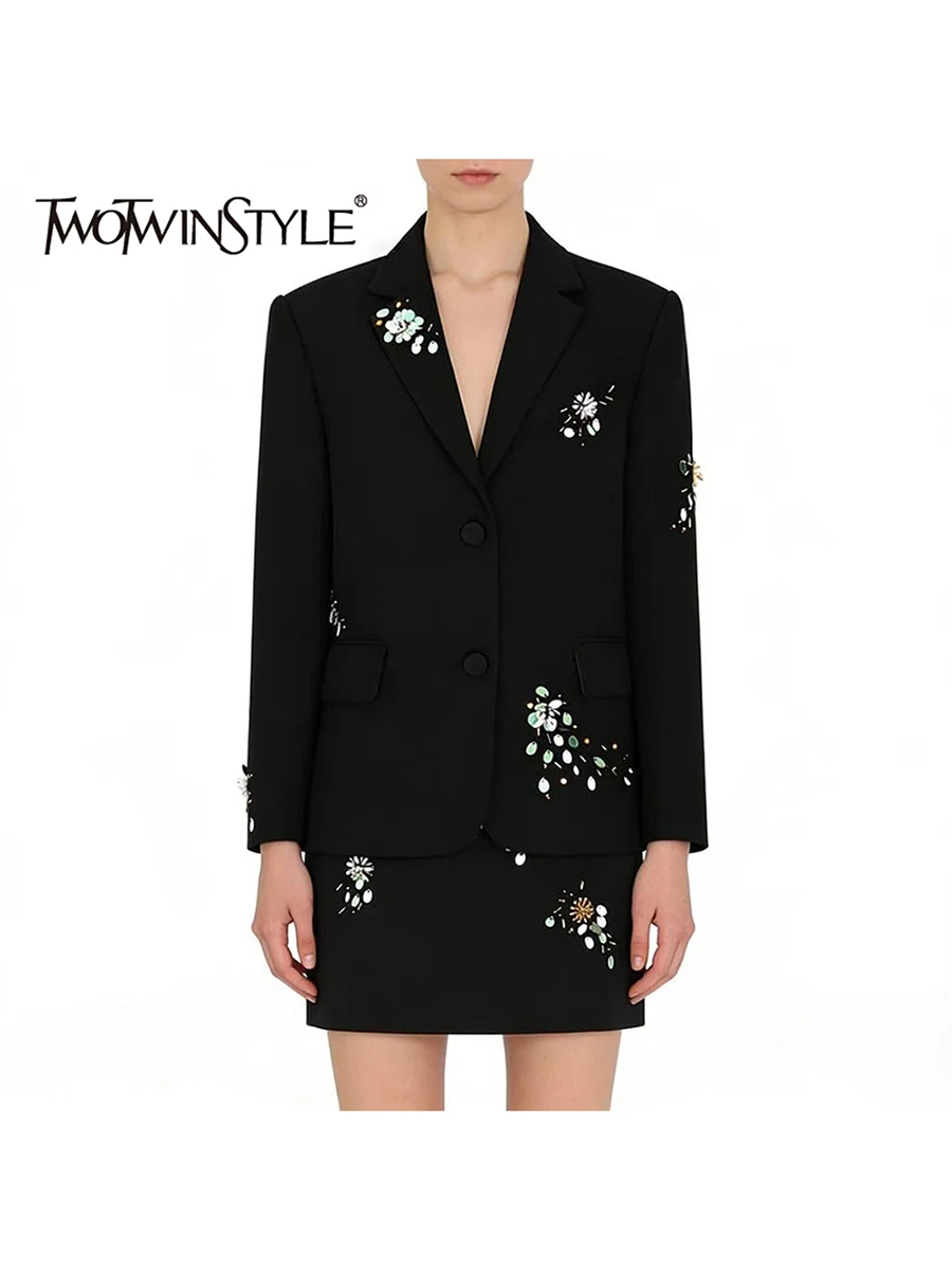 

TWOTWINSTYLE Solid Spliced Beading Luxurious Two Piece Sets for Women Lapel Long Sleeves Blazer High Waist Mini Skirt Set Female