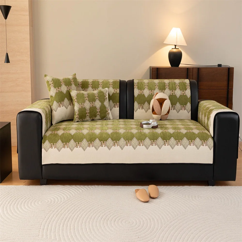 Retro Chenille Sofa Cushion Cover Universal Non-Slip Fixed Straight Row All-Seasons Slipcover for Home Comfort