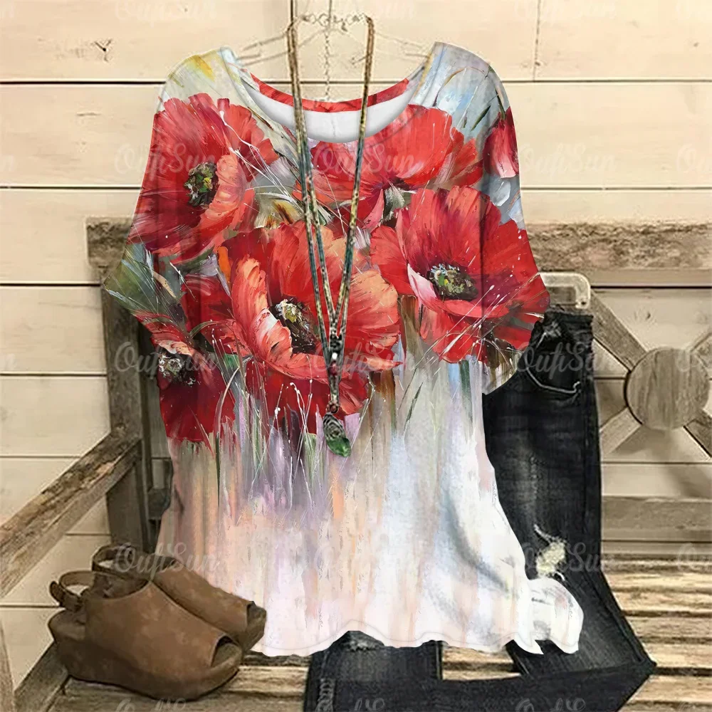 Poppy Flower Print Women Tshirt 2023 Summer Fashion Female Clothing Oversized O-Neck Ladies Top Casual Short Sleeve Pullover Tee