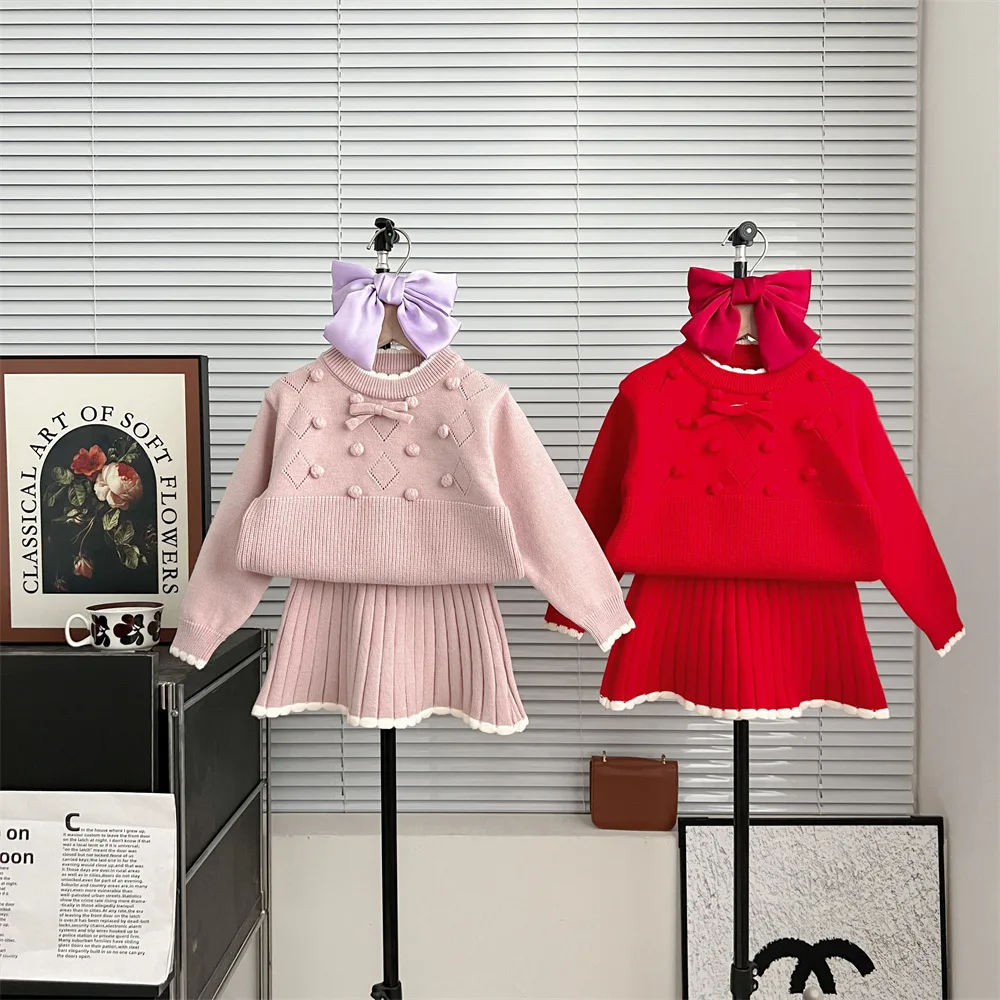 

Autumn and winter girls sweater suit Korean style baby girl stylish pullover skirt knitted two-piece suit 90-130cm