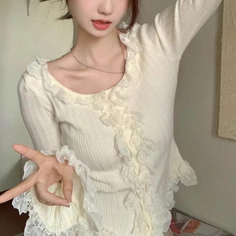 

Gentle style pure desire knitted cardigan women's spring and autumn lace sweater tea break French inner layer top trendy