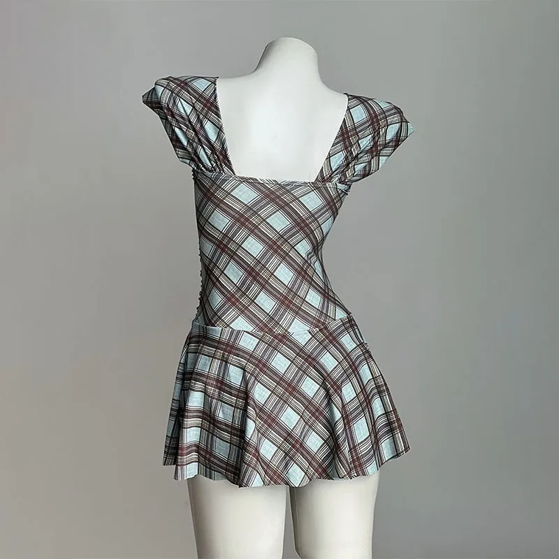 American Retro Plaid One-piece Swimsuit Women Y2k Sexy Slim Mini Beach Skirts Swimwear Kawaii Girls Summer Holiday Bathing Suit