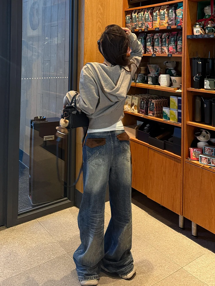 

High Waist Wide Leg Loose Fit Women's Jeans Retro Washed Pocket Design Straight Cut Trousers Trendy plus Size Denim Pants