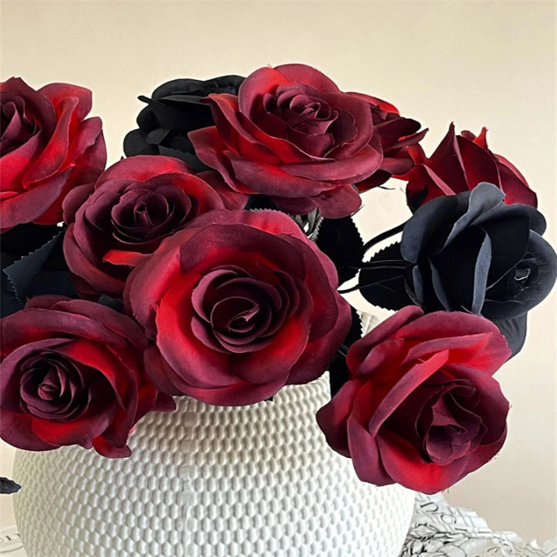 Fake Flower Black Silk Artificial Rose Flower Halloween Gothic Dark Flowers For Wedding Home Party Decor Simulation Flowers