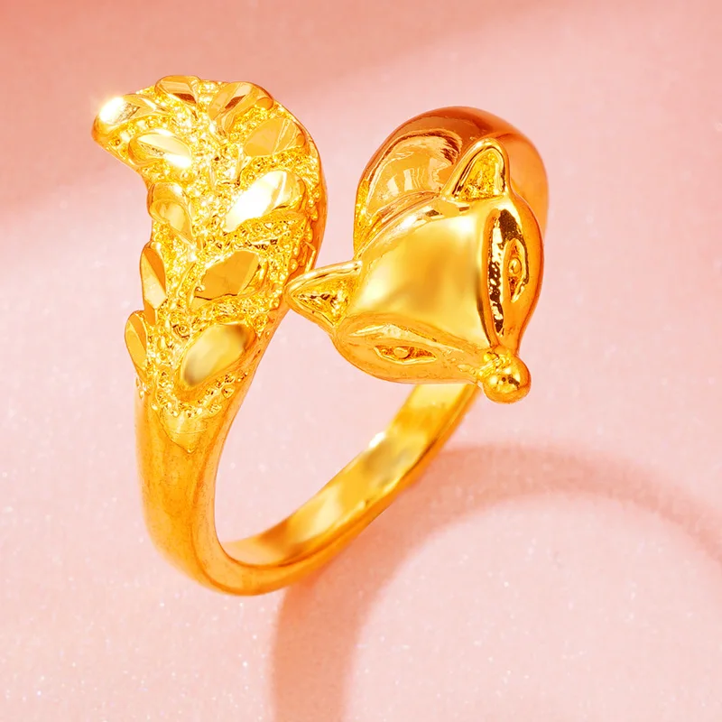 2026 24k Gold Plated Vietnamese Sand Gold Open Fox Ring For Women Fashion Wedding Jewelry Adjustable Finger Ring For Bridal Gift