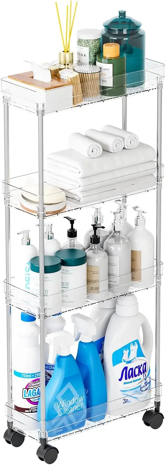 

4-Tier Slim Rolling Storage Cart with Wheels, Narrow Laundry Room Organizer for Small Spaces